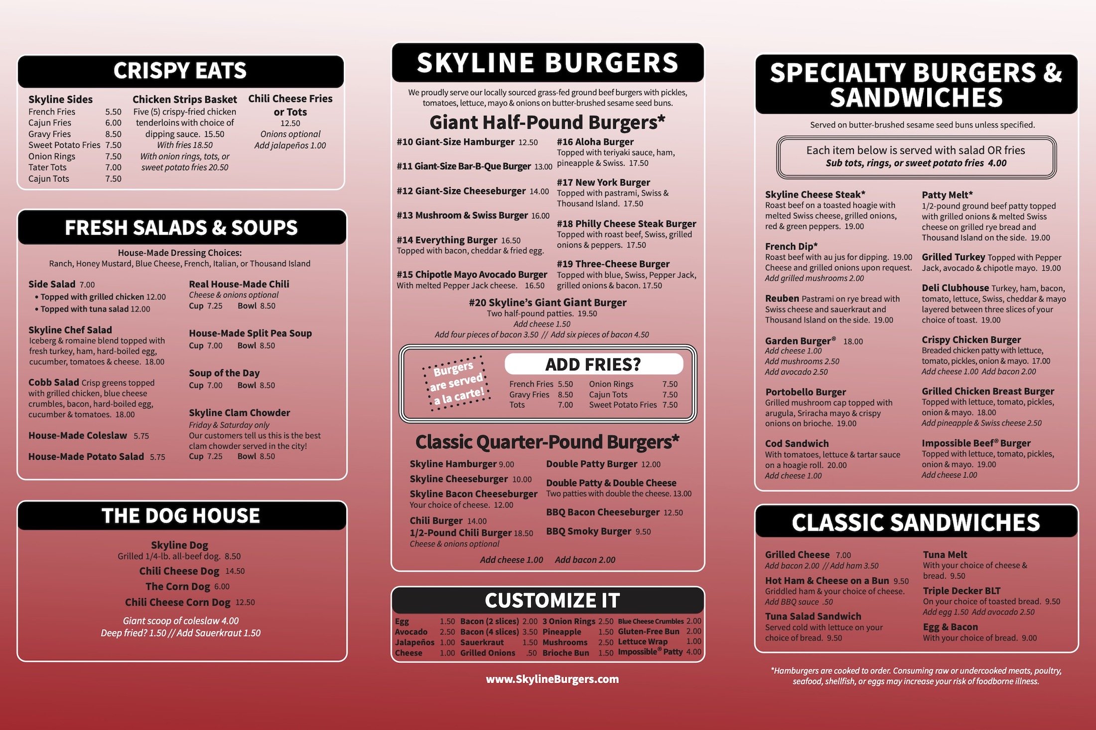 Skyline Restaurant burger menu (inside)