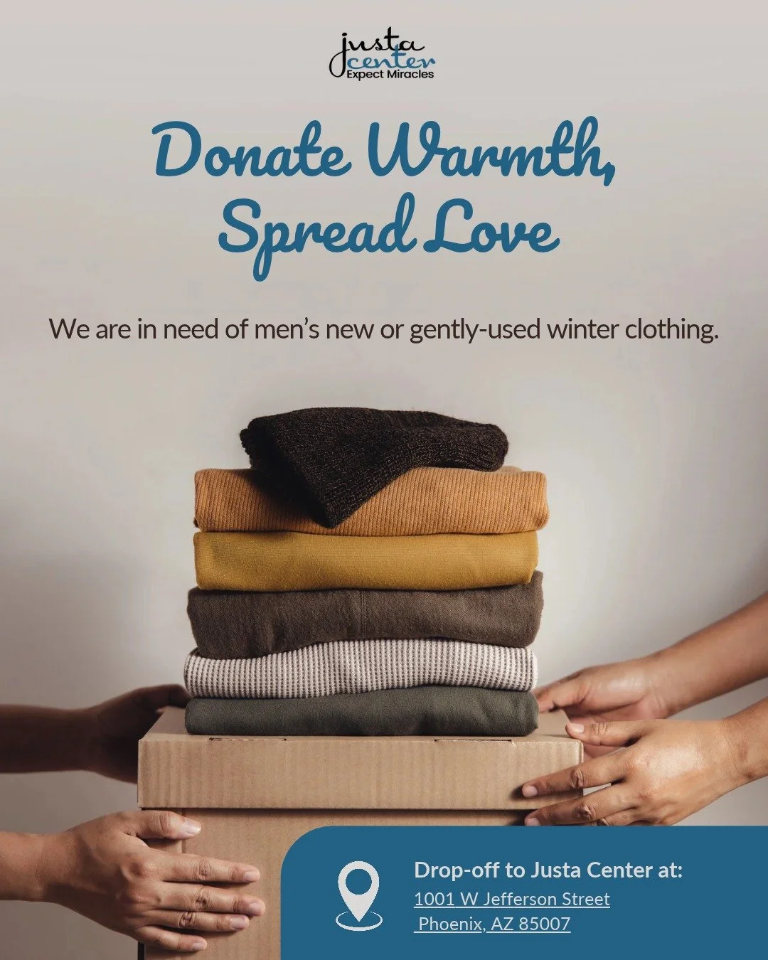 🧥 As we approach the winter months here in Phoenix, please keep in mind our local unsheltered seniors! To help serve this vulnerable population, the Justa Center is now calling for donations of men's new and gently-used winter clothing 🧣

📦Donatio