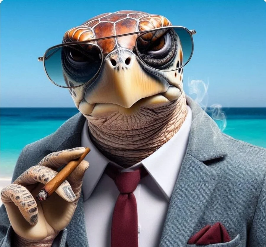A turtle dressed in a business suit with sunglasses and holding a cigar, with a beach and ocean in the background.