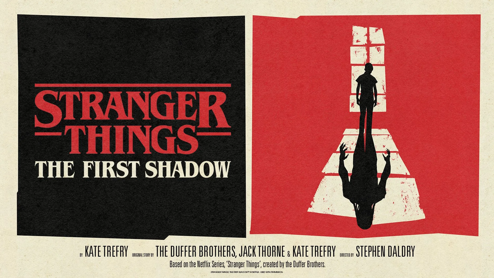 Poster for the TV series Stranger Things, featuring the series' title, the subtitle 'The First Shadow,' and a silhouette of a girl standing in front of a large window, with her reflection on the floor.