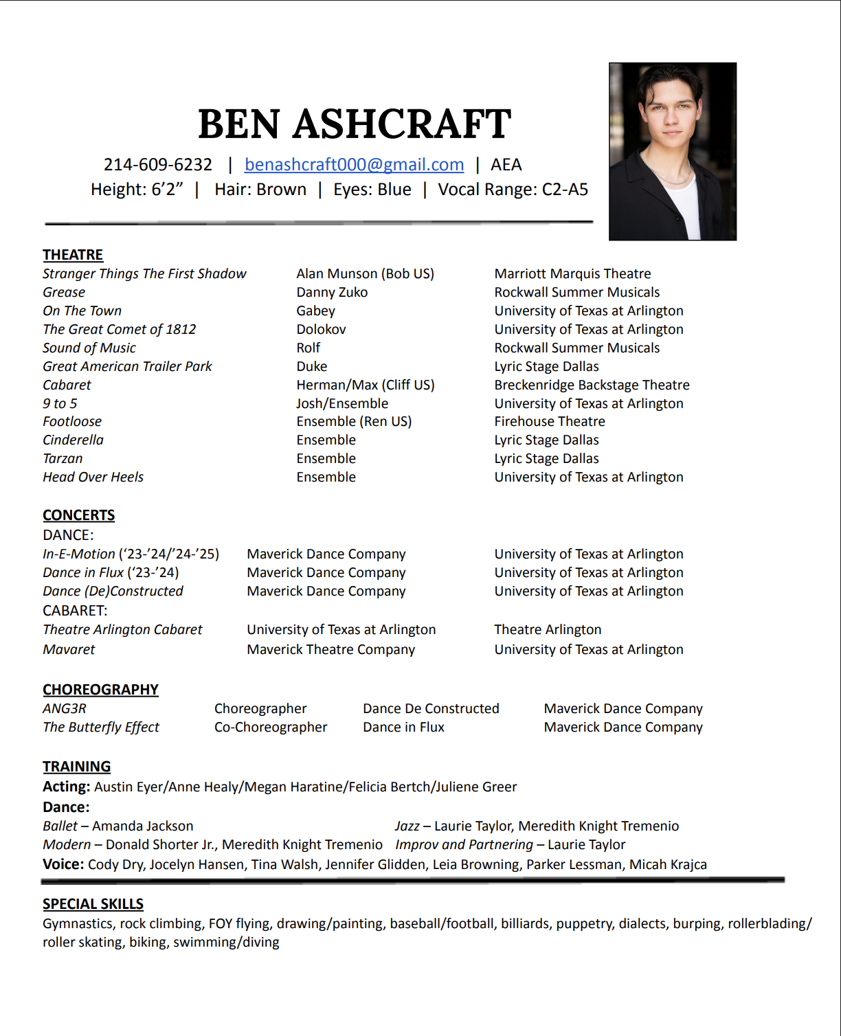 A personal resume for Ben Ashcraft, featuring a headshot photograph of a young man with dark hair, wearing a black blazer over a white shirt, set against a dark background. The resume includes contact information, physical traits, theatre, concert, choreography, training, acting, special skills, and other details.