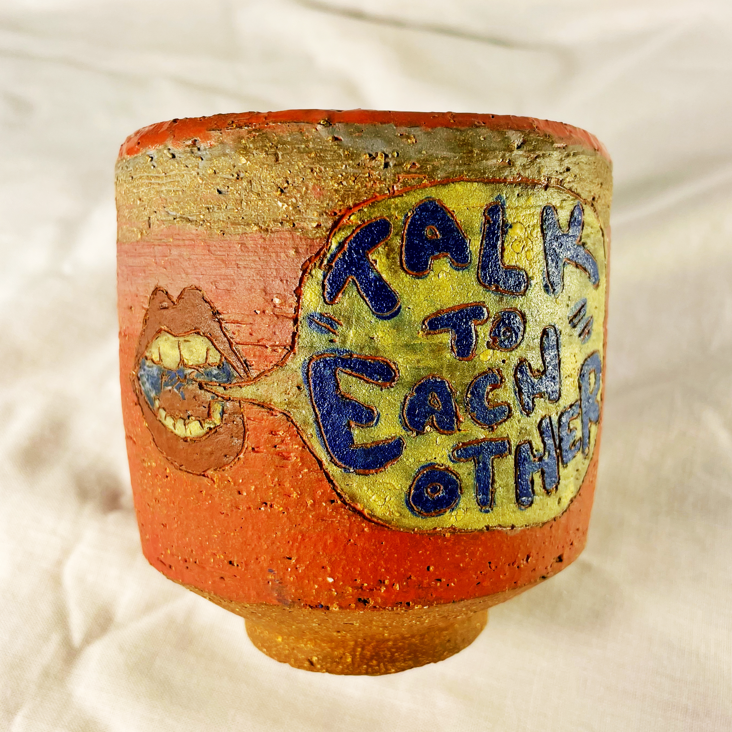 TALK TO EACH OTHER, 2023. Earthenware, underglaze, and glaze fired to ∆5.