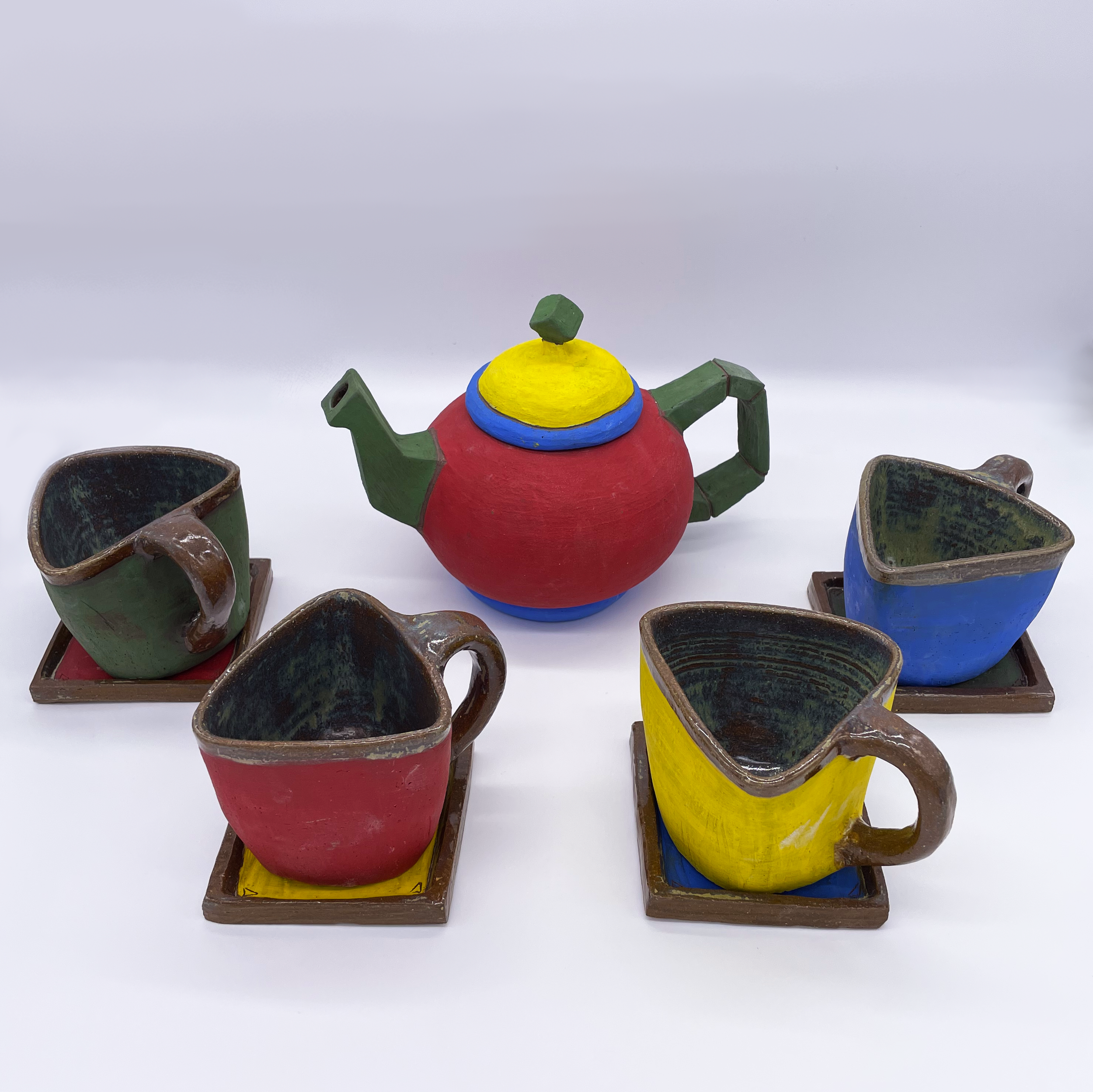 Primary Tea Set, 2023. Earthenware, underglaze, and glaze fired to ∆6.