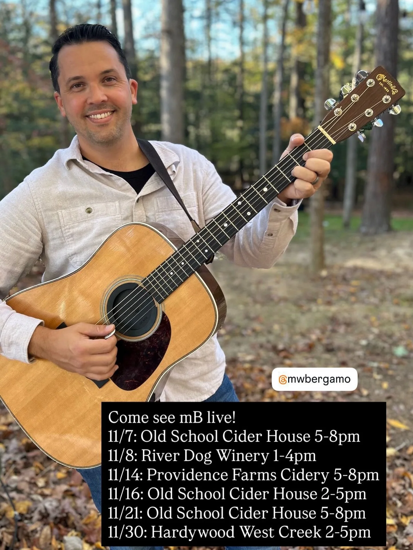 November&rsquo;s schedule is up! I hope to see you all this month! 
#LiveAcoustic #RichmondMusic #VirginiaMusicScene #HardywoodWestCreek #OldSchoolCiderHouse #RiverDogWinery #LiveAtHardywood #VirginiaWineries #VirginiaCideries #LocalMusicVA #Acoustic