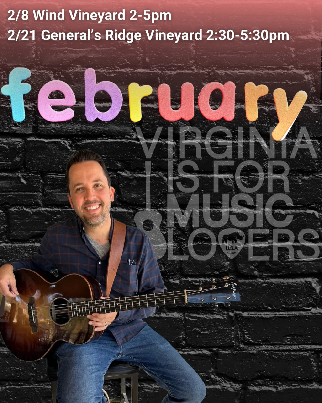 February is a *lite* month for music this year. @lindsay.bergamo and I have been working a lot to fill up the 2026 calendar. We are going to see our new friends at @windvineyardsatlaurelgrove and our good friends at @generalsridgevineyard this month.