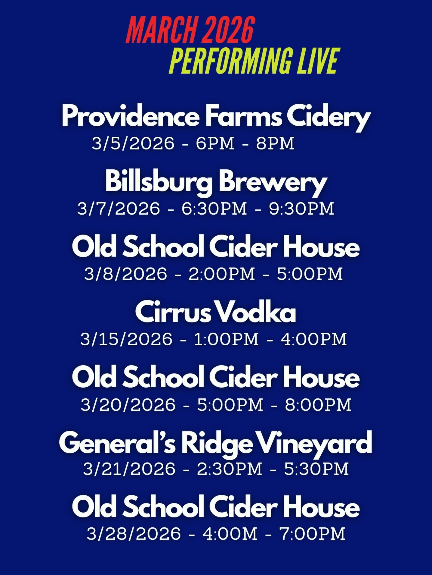 Coming back! I&rsquo;m back at @billsburgbrewery for the first time this year! Back at @providencefarmscidery after a long winter, back at @oldschoolciderhouse with new music! Meeting our good friends at @cirrusvodka this month! And BACK at @generals