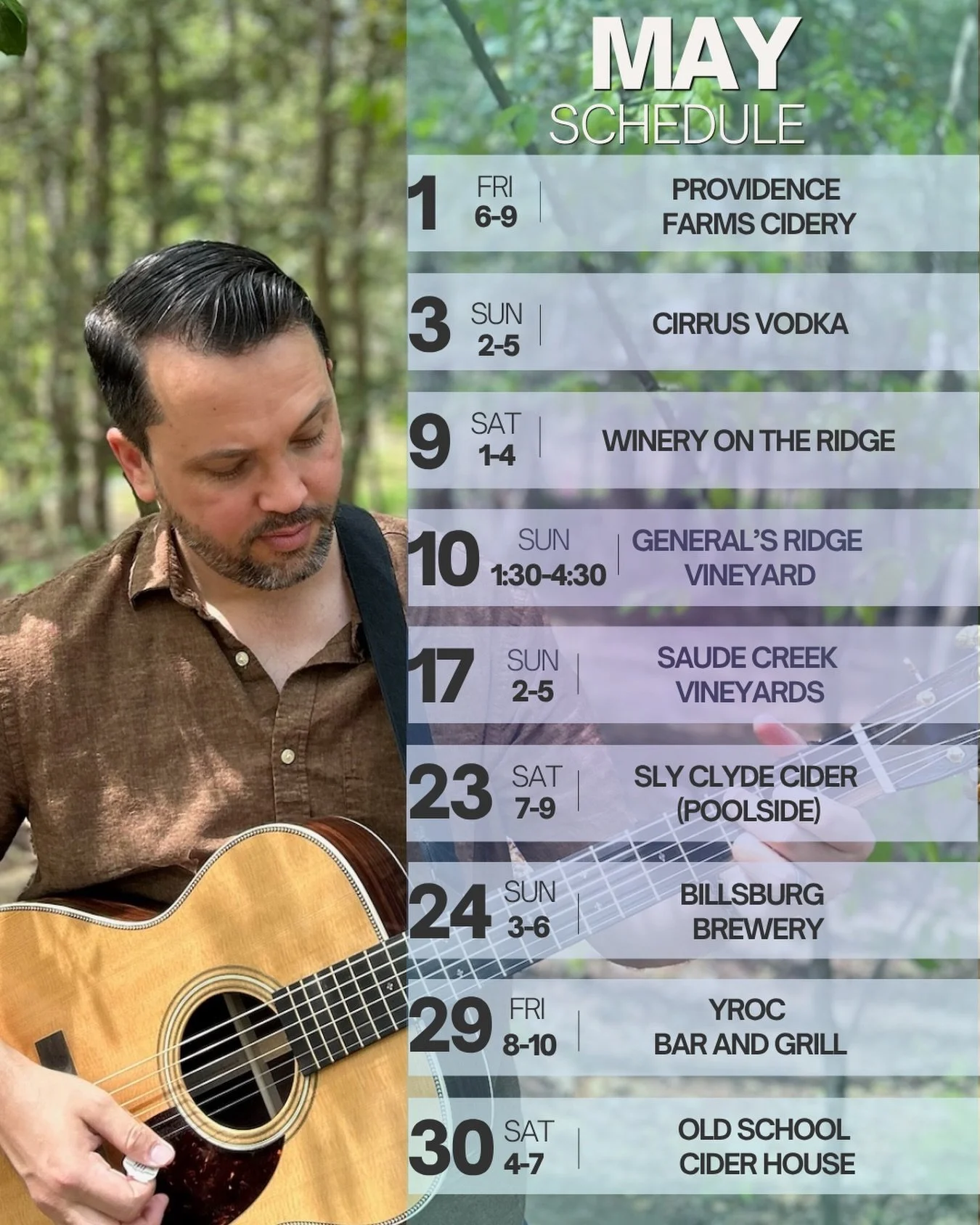 I am SO excited for May! We&rsquo;ve got 4 new friends to meet! Grateful and honored to play for @slyclydeciderworks , @yrocbarandgrill , @wineryontheridge and @saudecreekvineyards for the very first time. 

I&rsquo;m looking forward to seeing you al