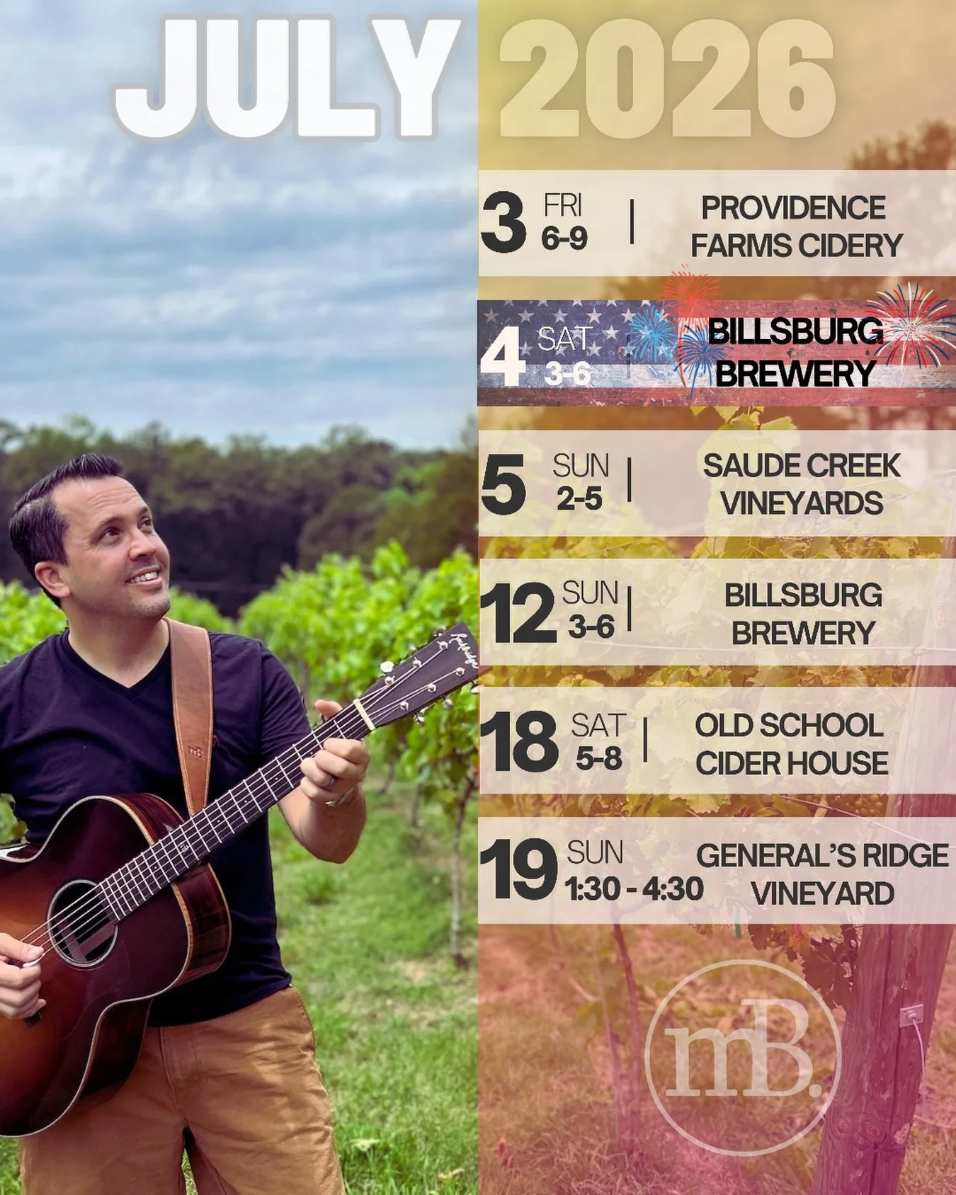 Headed to @providencefarmscidery, @billsburgbrewery, @saudecreekvineyards, @oldschoolciderhouse and @generalsridgevineyard this July! 

I am grateful for each of you! Thank you for your support and kindness. 

Taking a week off this month to celebrat