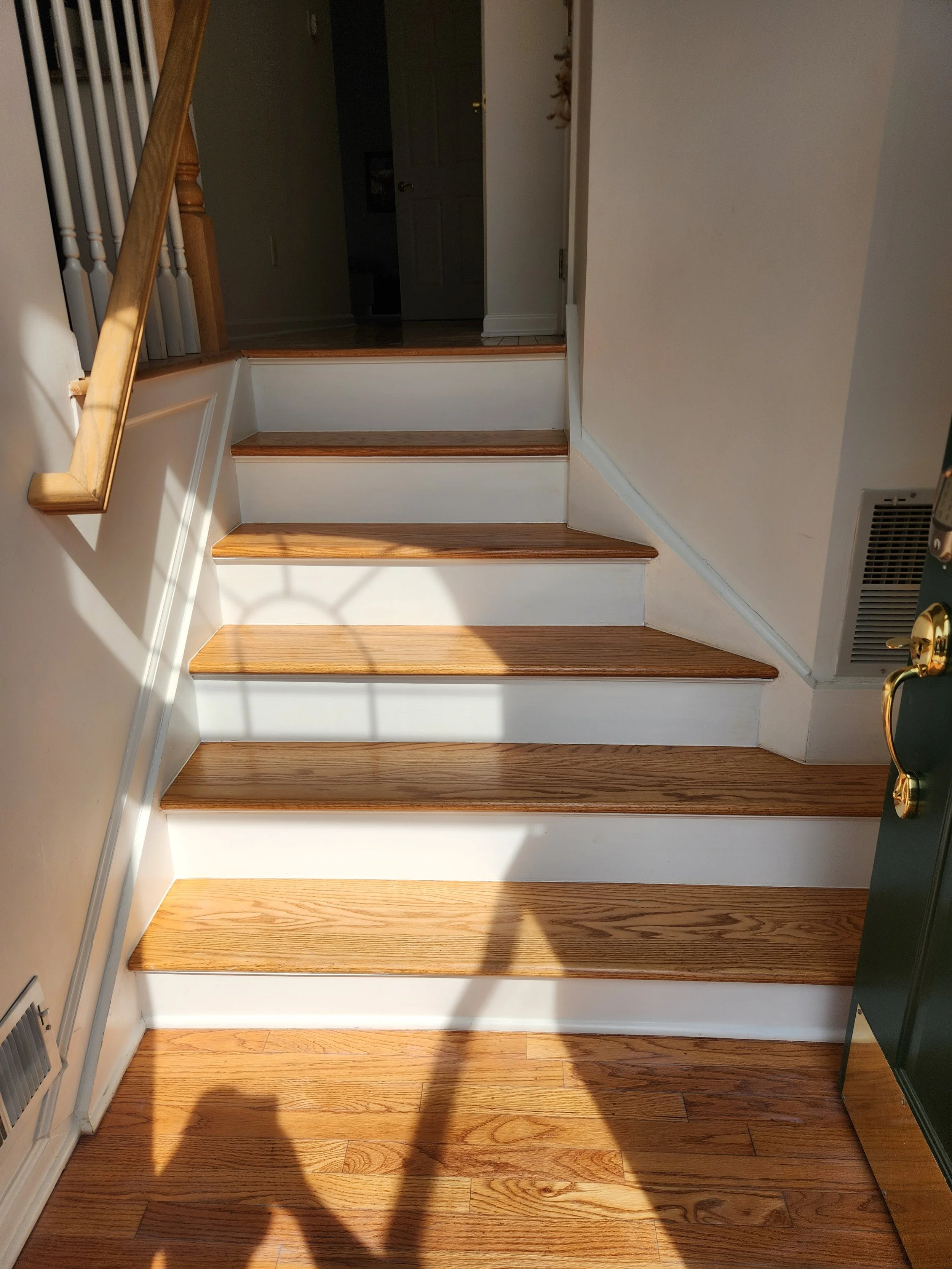 Wooden staircase with sunlit shadows in a home interior.