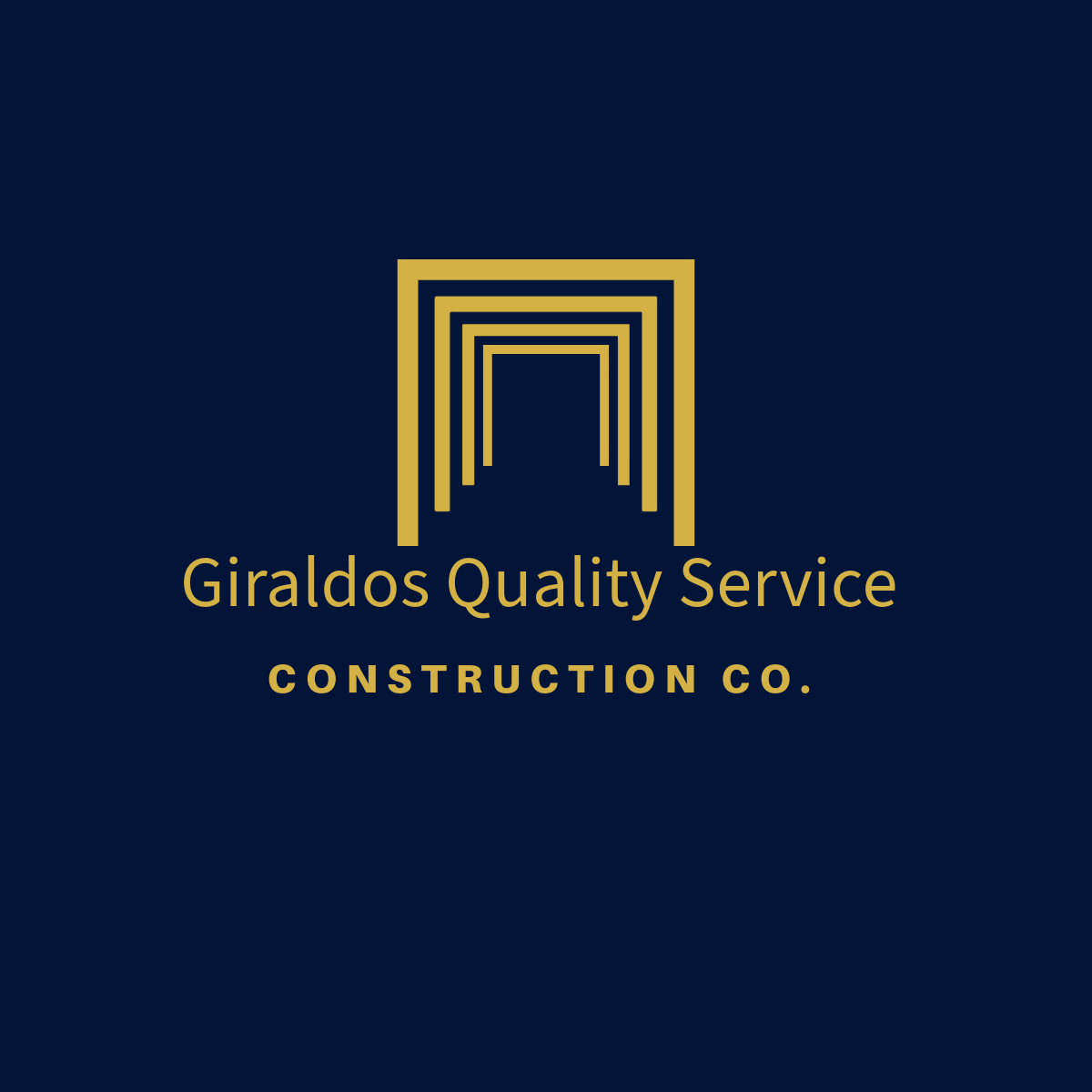 Logo for Giraldos Quality Service Construction Co. featuring a geometric gold outline of a doorway and the company name on a navy background.