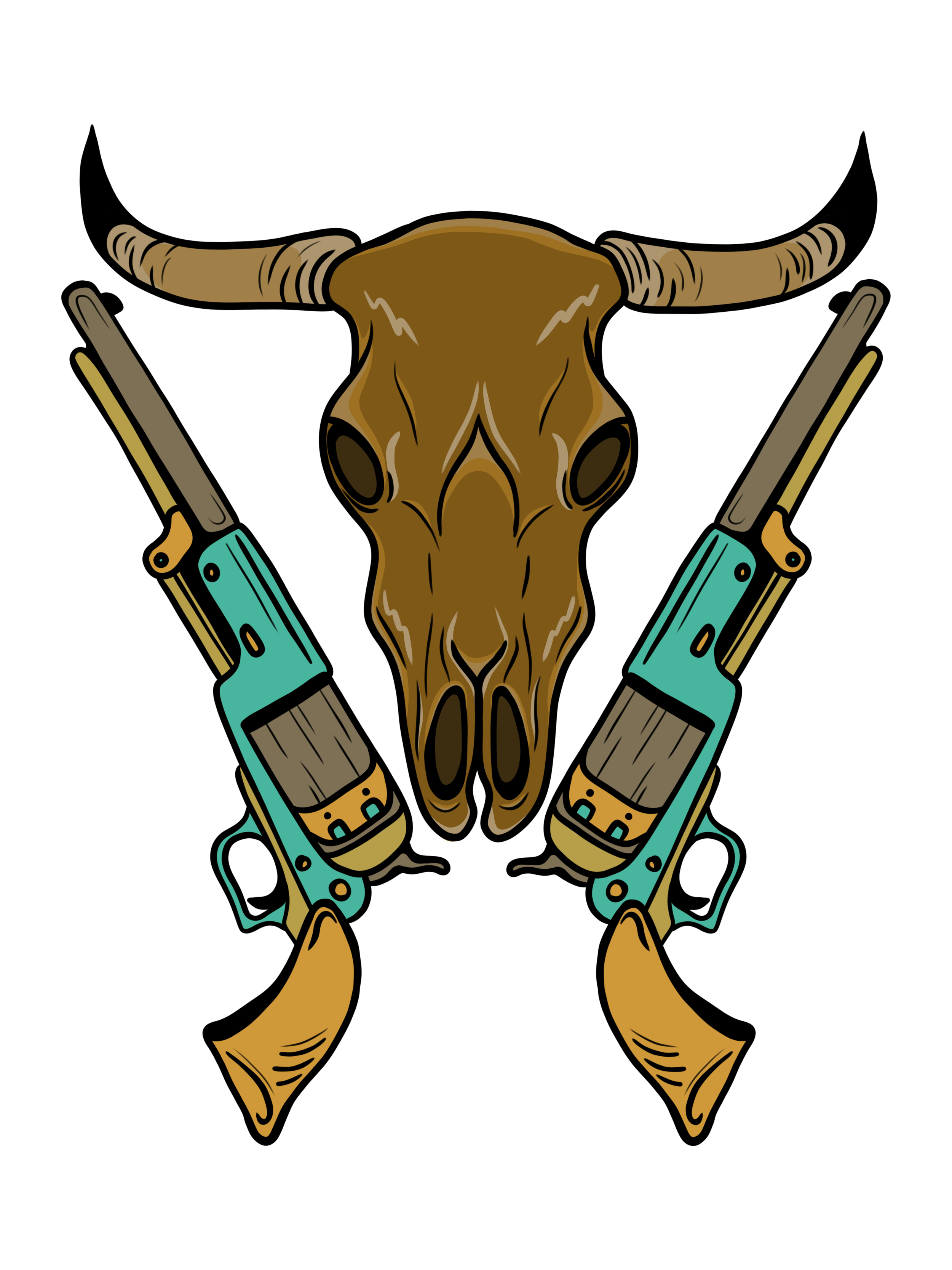 Illustration of a bull skull above two crossed pistols in a western-themed design