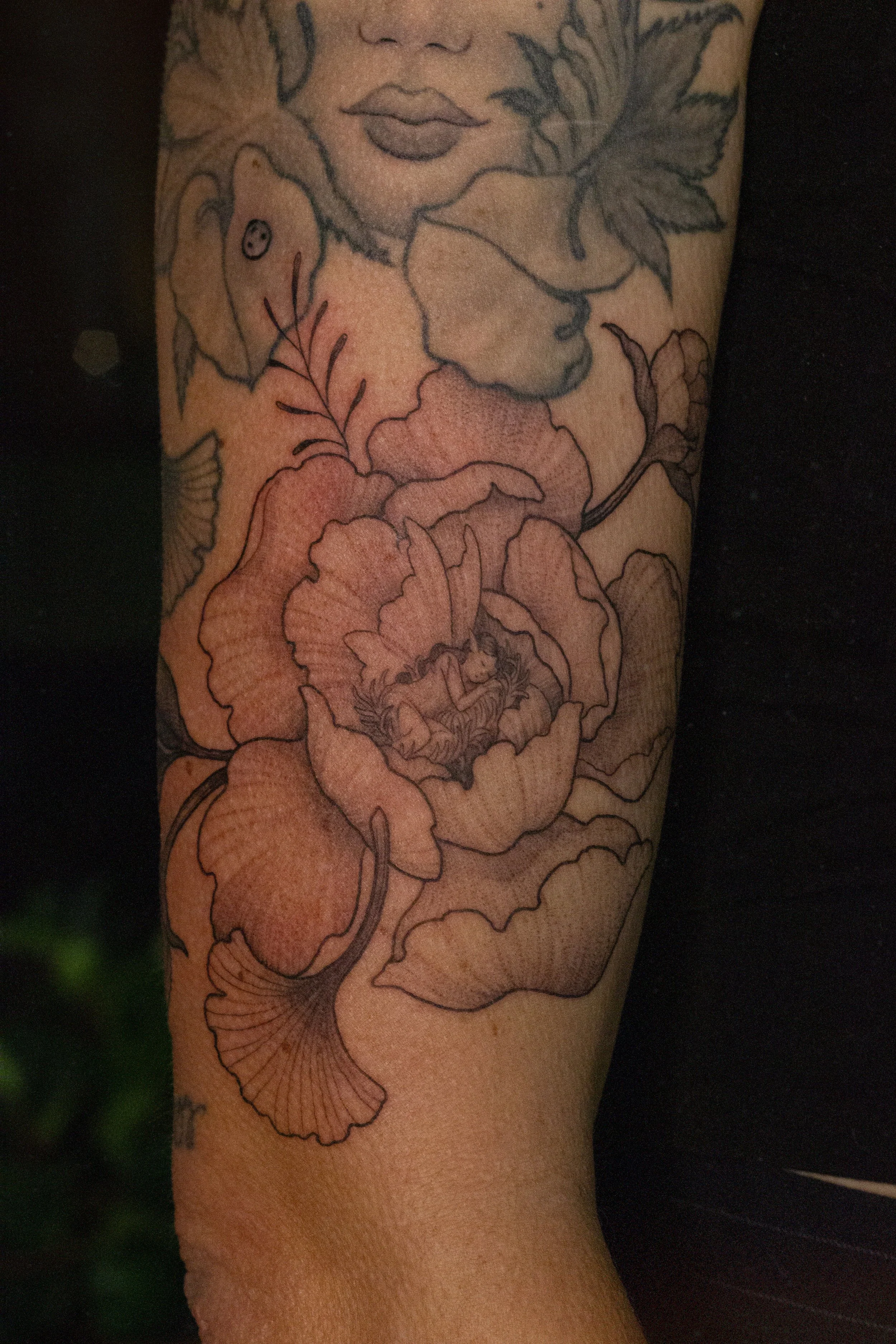 November 2025 · Freehand peony with sleeping fae underneath healed tattoo from 20211