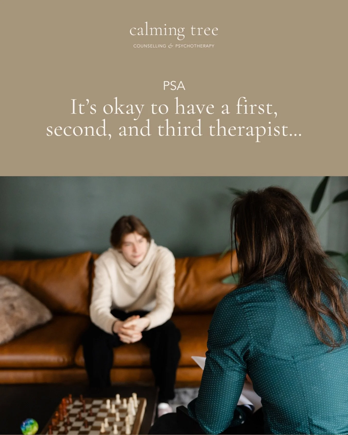 You don&rsquo;t have to be loyal to one therapist forever!

⇨ Not every therapist is the right fit for every season of your life.

Most people don&rsquo;t have just one therapist in their lifetime. Calming Tree therapists can attest to this!

The tho