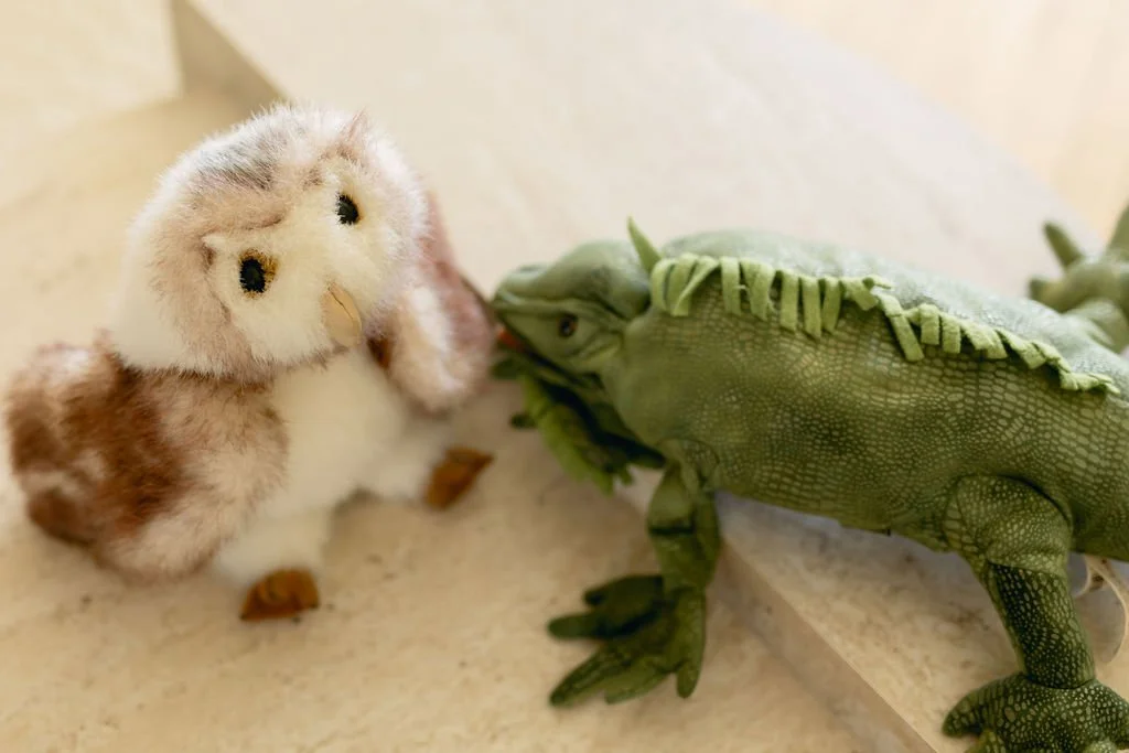 Stuffed owl and toy green crocodile on a light-colored surface.
