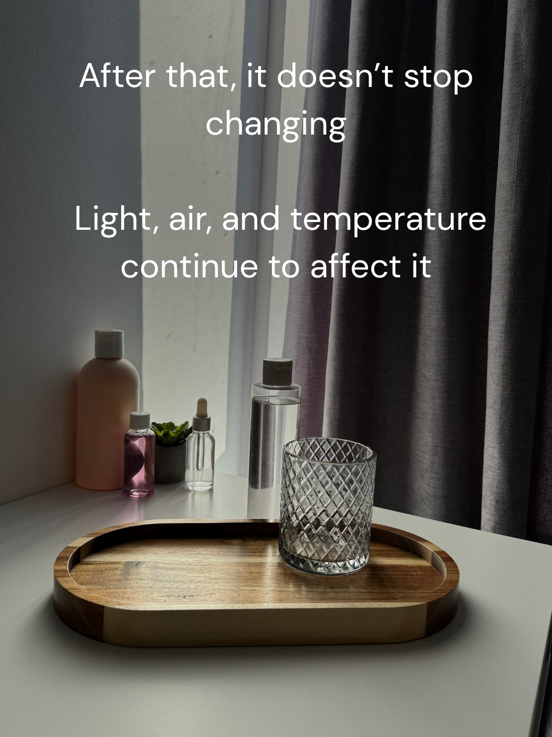 Skincare bottle exposed to sunlight near window, showing how light and heat affect product stability over time