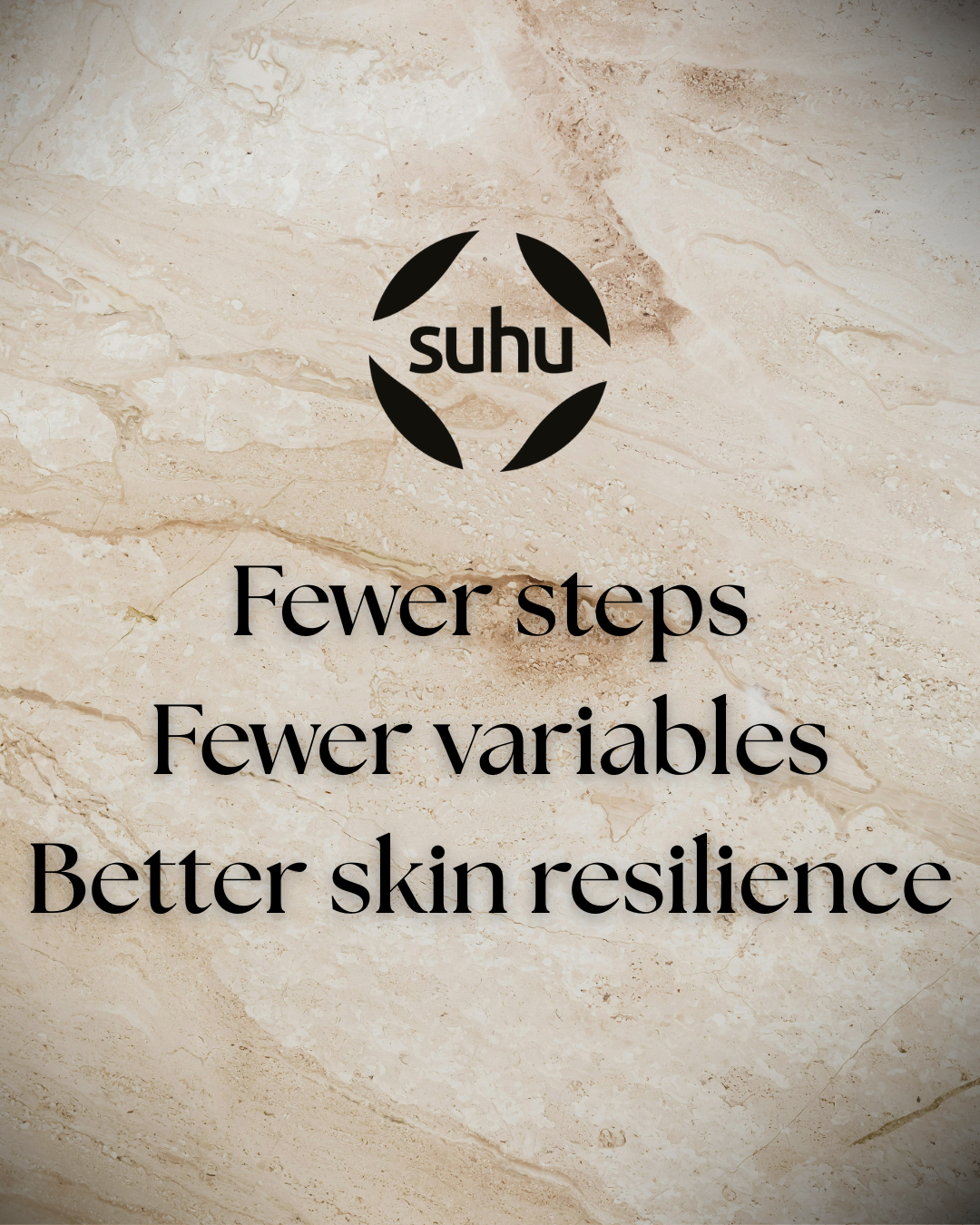 Suhu logo over luxurious granite background. Fewer steps Fewer variables Better skin resilience