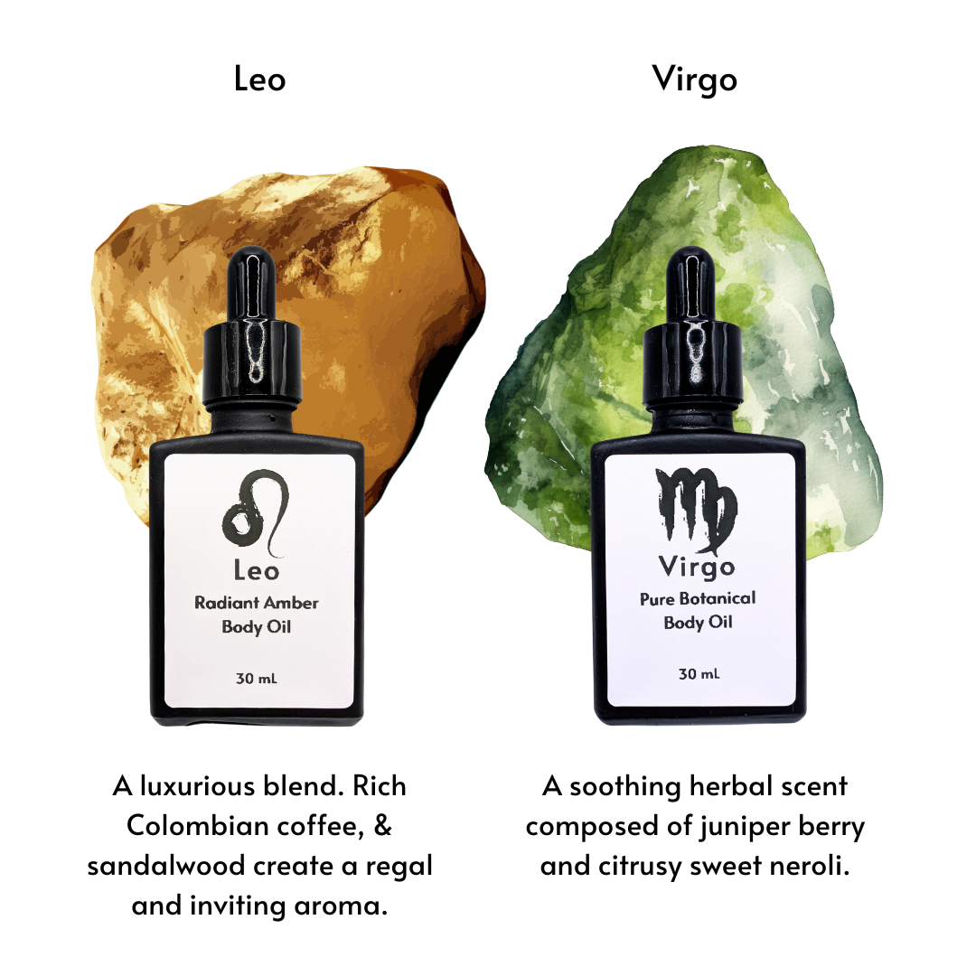 Leo and Virgo black dropper bottles against a stone background.png