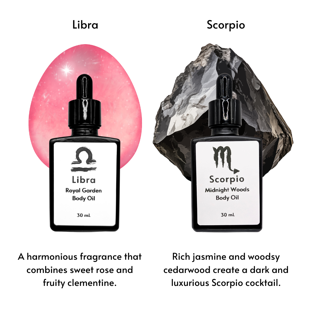 Libra and Scorpio labeled black dropper bottles against a stone background.png