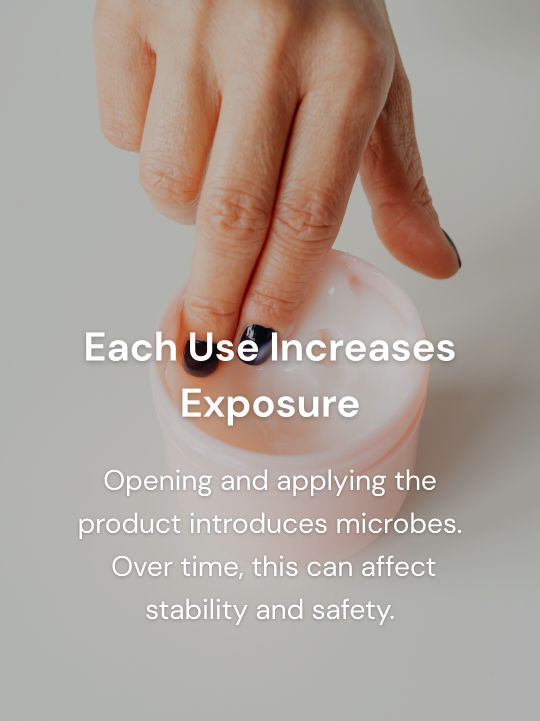 Hand applying skincare product showing repeated exposure and potential microbial buildup