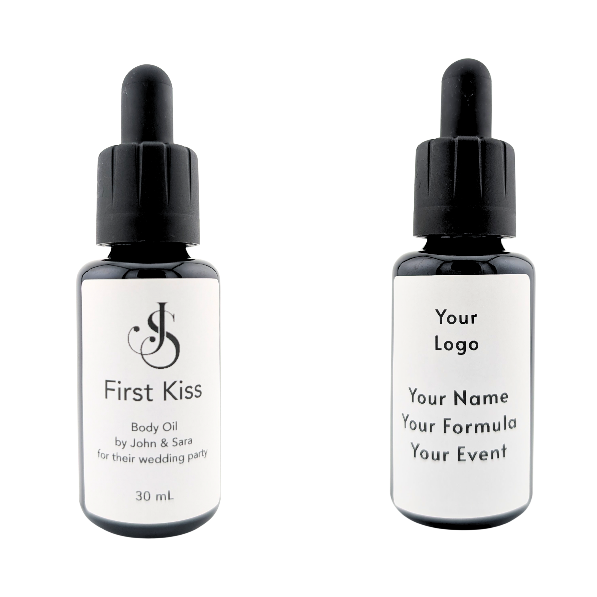 Image showing two bottles with custom labels; the bottle on the right shows the text "First Kiss" indicating a custom wedding scent blend; the image on the right shows a placeholder on the label of the bottle for your logo and scent name.