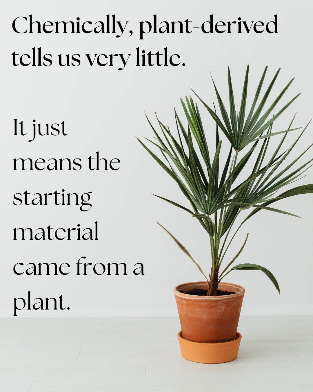 House plant in a corner. Text reads: "Chemically, plant-derived tells us very little. It just means the starting material came from a plant"
