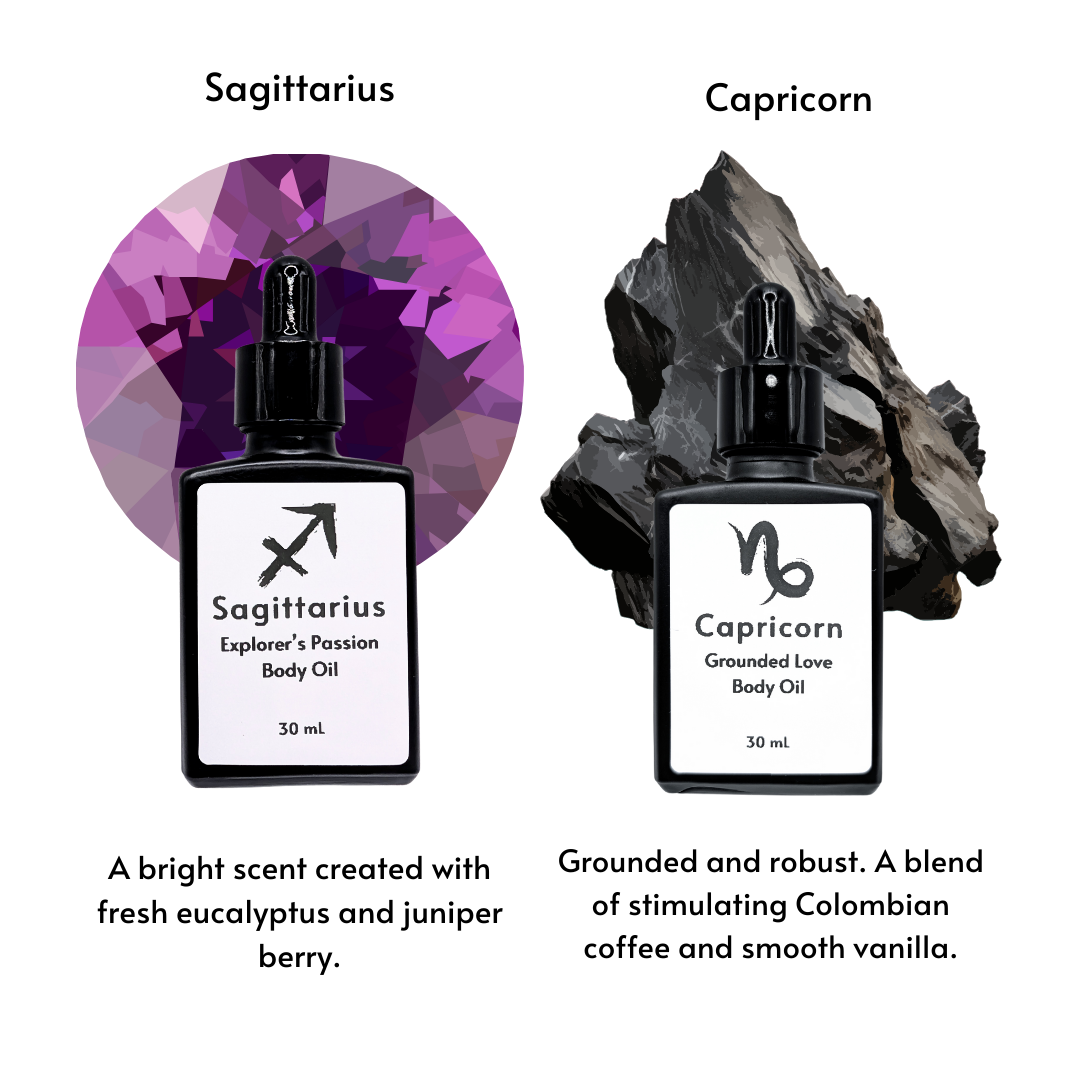 Sagittarius and Capricorn and Scorpio labeled black dropper bottles against a stone background.pngpng