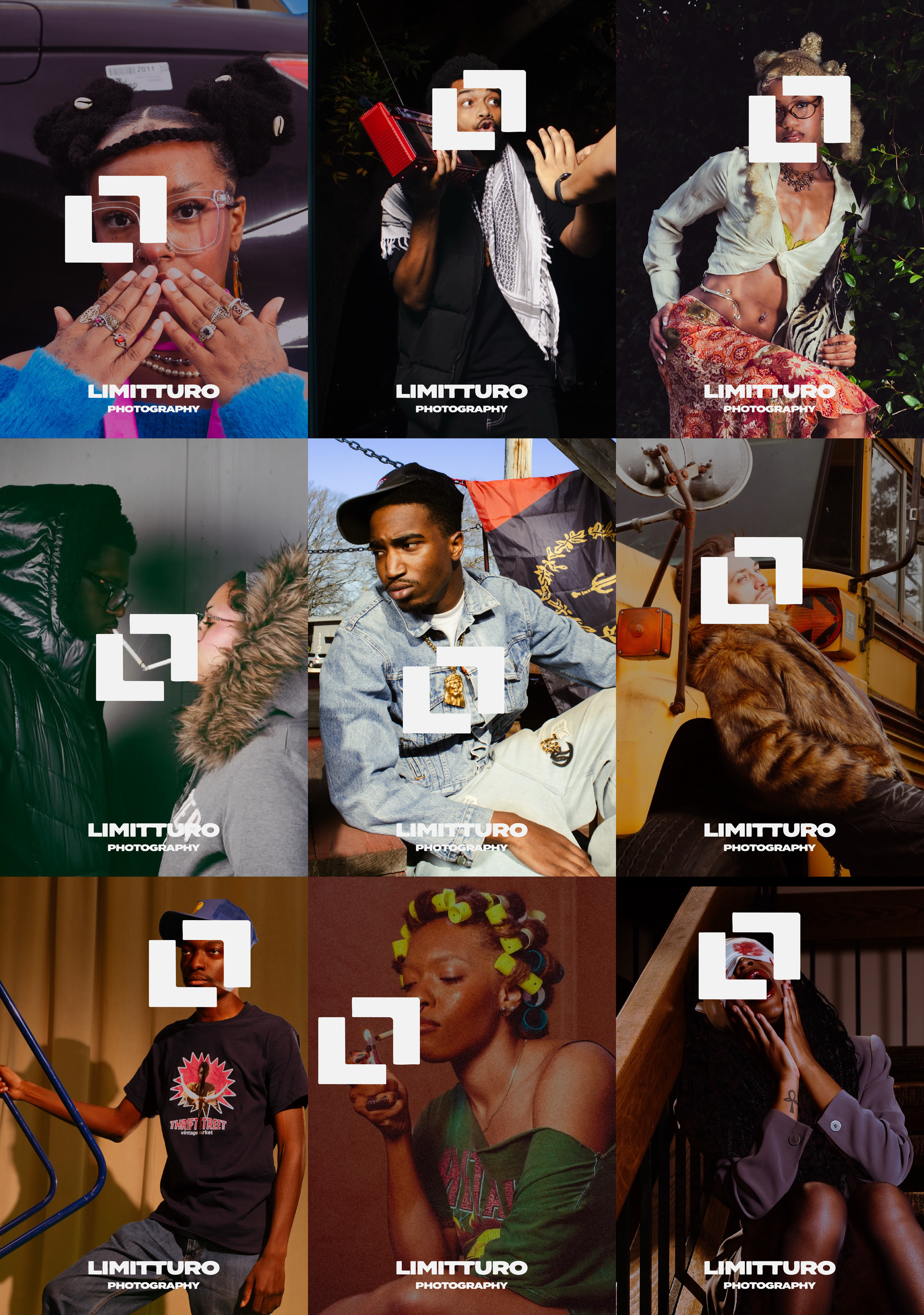 Collage of nine diverse individuals in various poses and settings, showcasing fashion, personality, and urban style.