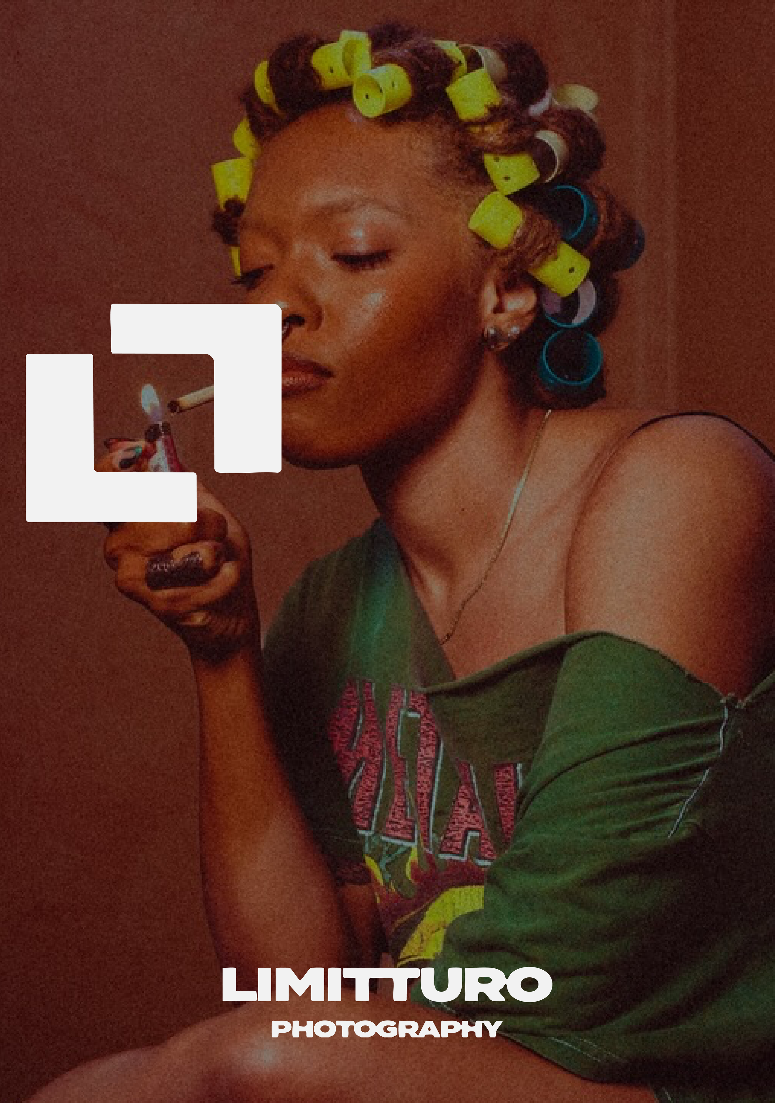 A woman with hair rollers, holding a lit cigarette, dressed in a green off-shoulder shirt, with her eyes closed and a neutral expression.