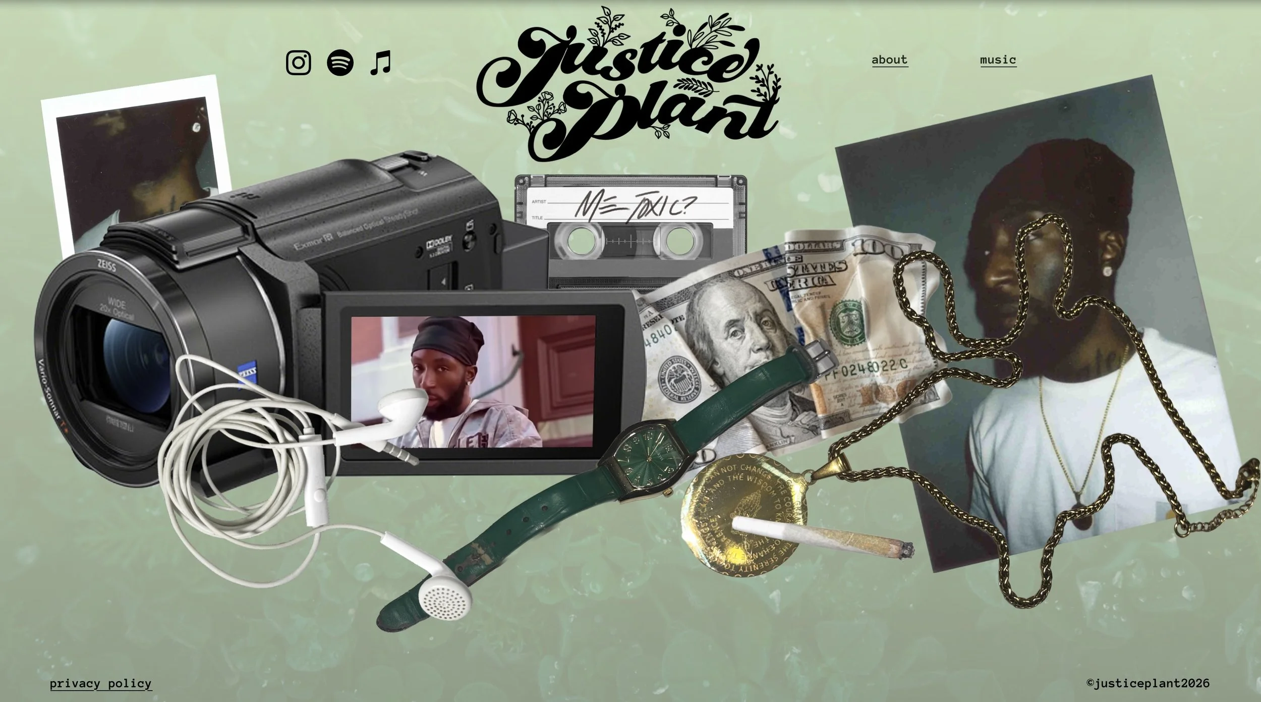 Collage of items including a camera, earbuds, a wristwatch, a cassette tape labeled 'Me Toxic?', a Polaroid photo of a man, US dollar bills, a photo of a woman, jewelry, a cigarette, and a gold medallion, with the text 'Justice Plant' and navigation 