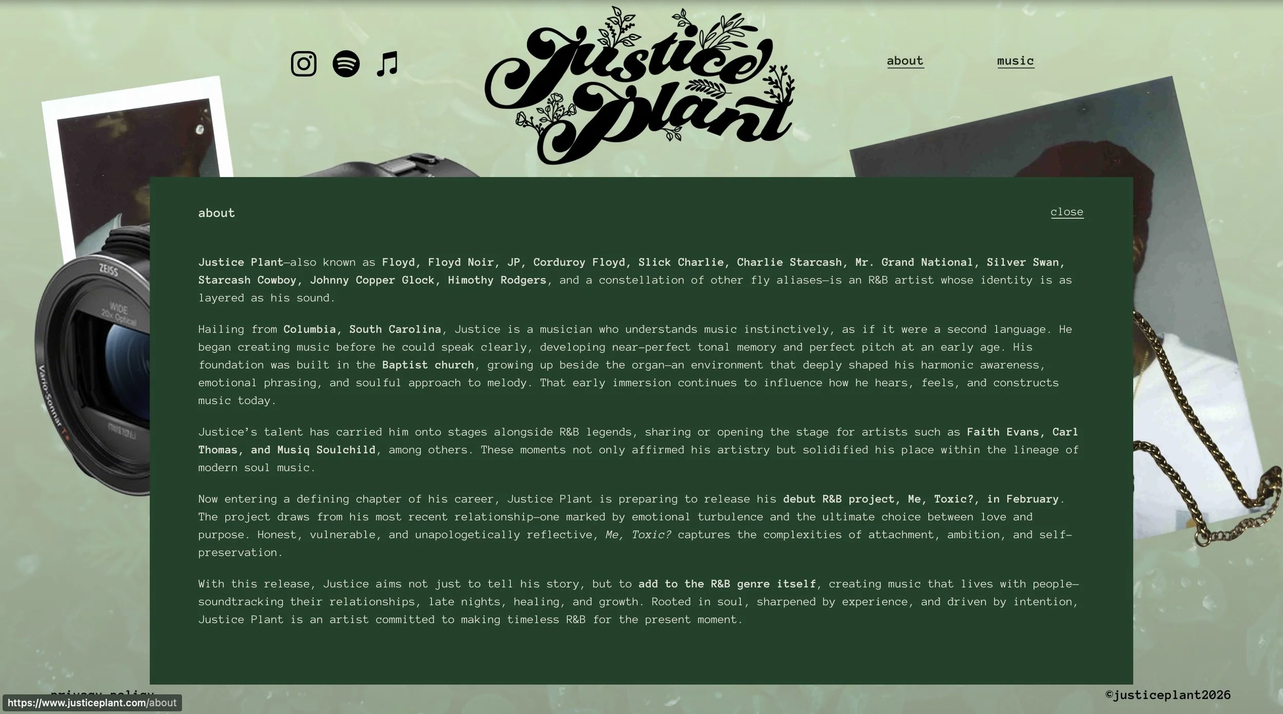 Webpage for Justice Plant featuring an about section with text describing Justice Plant's music career, influences, upcoming debut album, and artistic mission.