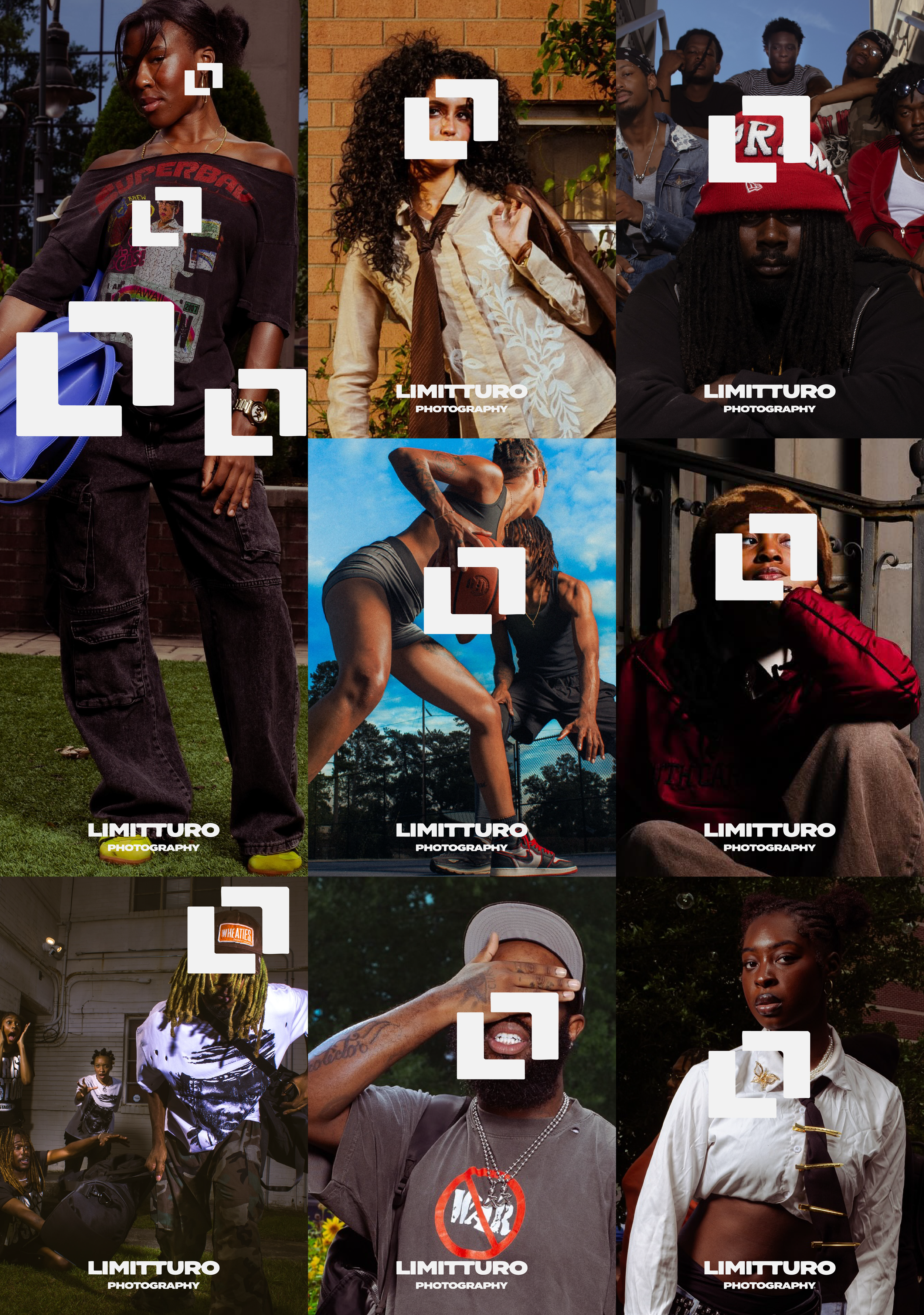 Collage of nine diverse individuals in various settings, posing for photographs, with some holding back or in motion, displaying individual fashion styles.