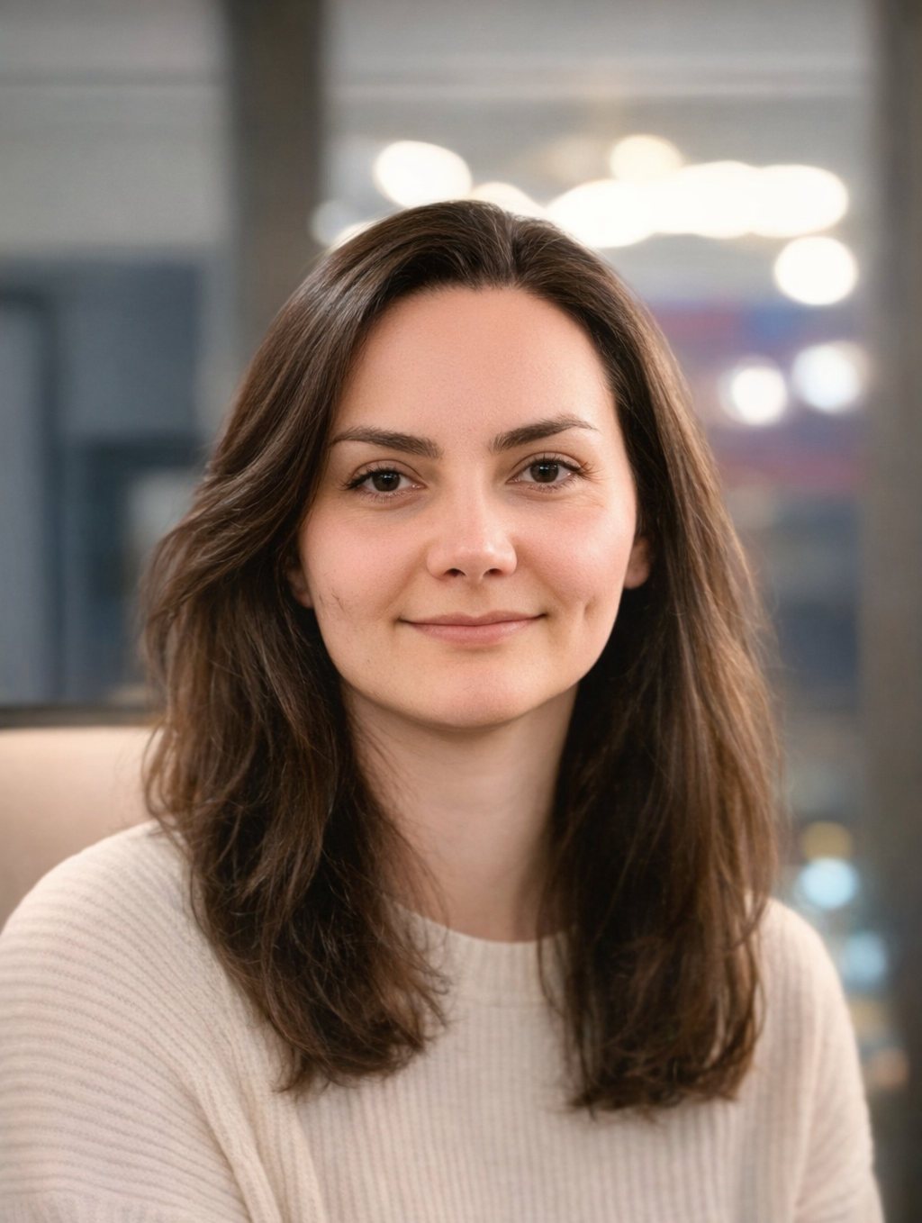 Woman with long brown hair smiling outdoors at dusk with blurred city lights in the background.