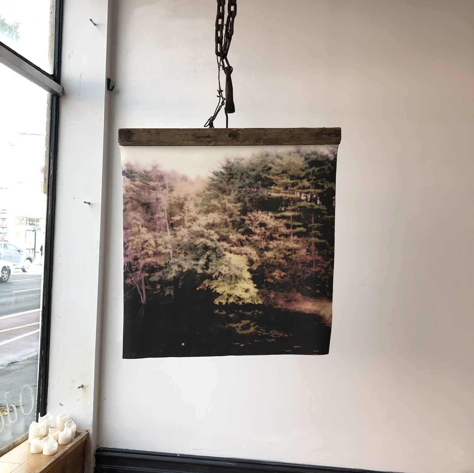 'Nostalgia', polaroid printed on twill, wood, rusted chain, 2024