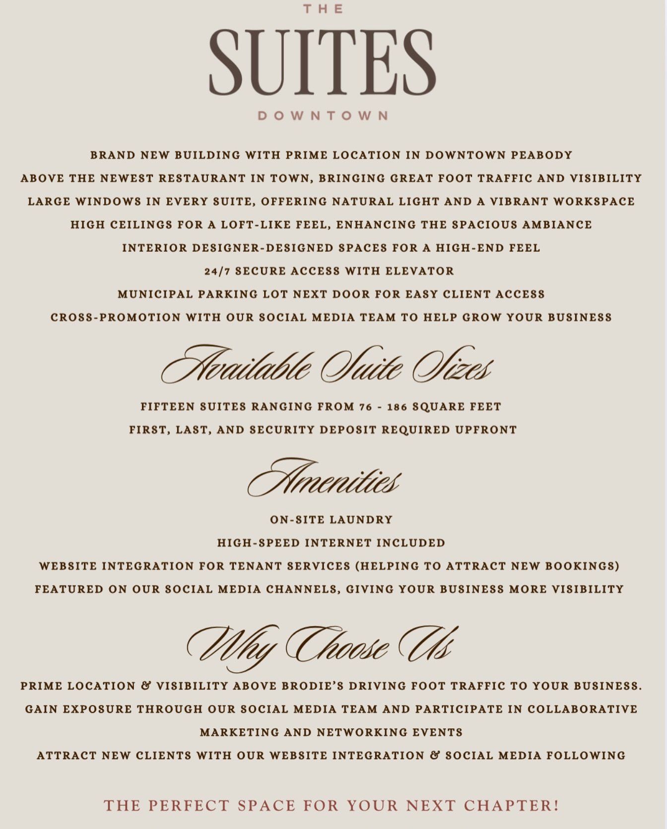 Elevate your beauty business at The Suites Downtown, opening this March in Peabody. Limited suites available&mdash;secure your spot today.

Email hello@thesuitesdowntown.com to learn more.

#thesuitesdowntown #peabodyma #downtownpeabody #smallbusines