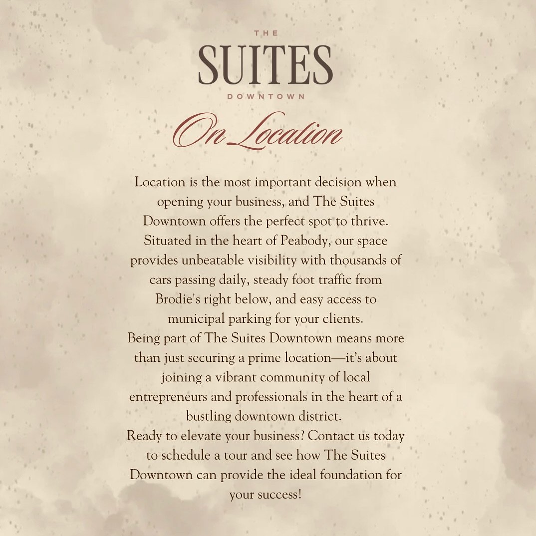 Prime location. Thriving community. Endless possibilities.
The Suites Downtown in the heart of Peabody offers unmatched visibility, steady foot traffic from Brodie&rsquo;s, and convenient parking for your clients. Join a vibrant network of entreprene