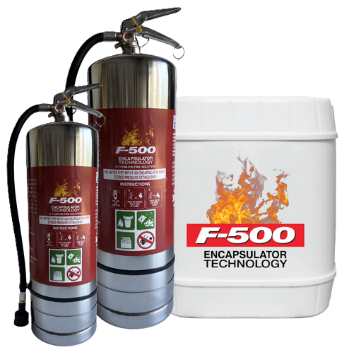 Two red fire extinguishers labeled F-500 with illustrations of flames, positioned in front of a white container marked F-500 Encapsulator Technology with a fire graphic.