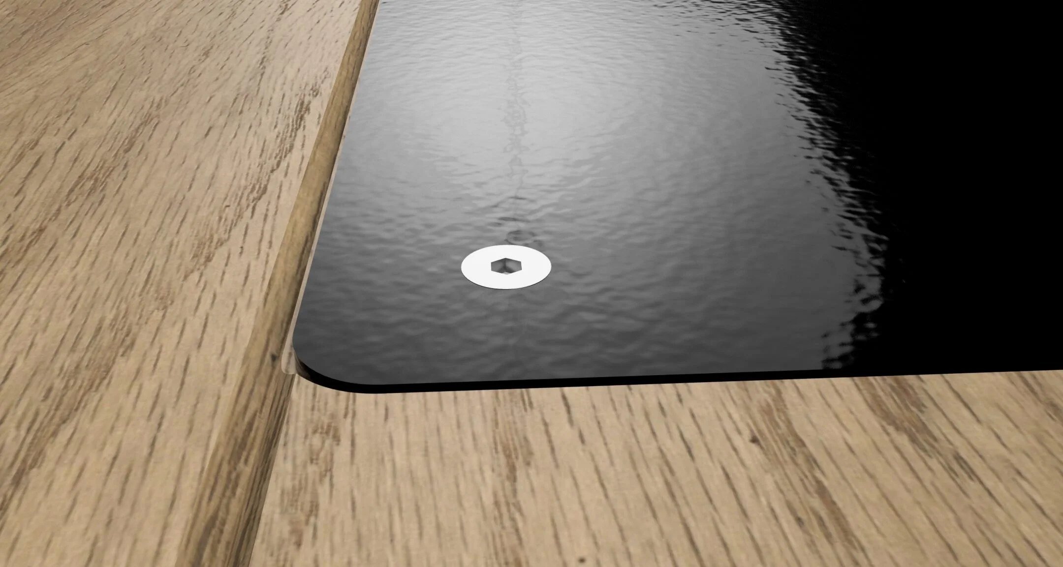 CAD render of the countersunk bolt connection that fastens the firewood box to the steel hearth plate — designed and fabricated by de stijl FORMS in Hood River, Oregon.