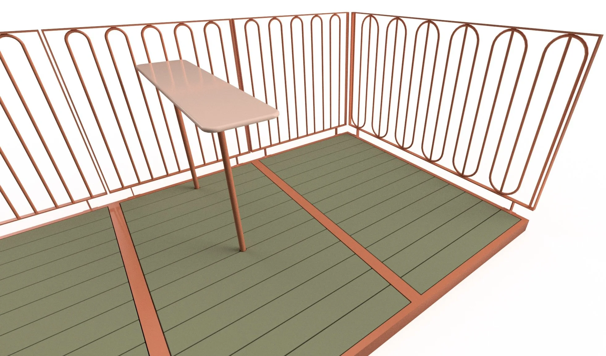 Detail rendering of the Love & Hominy parklet showing the interlocking tubular steel railing geometry, developed to create a continuous visual pattern while maintaining the required spacing between elements.