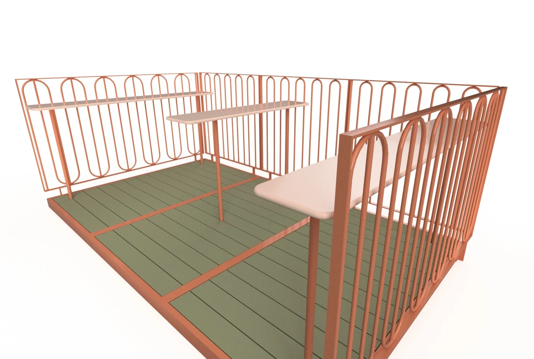 Design-development rendering of the Love & Hominy parklet in Hood River, Oregon, showing the modular steel structure, integrated tables, composite decking, and original interlocking railing design developed by de stijl FORMS.