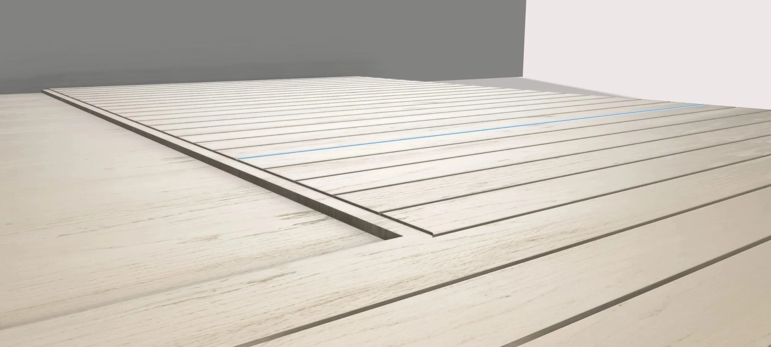 CAD render showing where the wood floor is cut back to recess a steel hearth plate flush with the finished floor — designed and fabricated by de stijl FORMS in Hood River, Oregon.