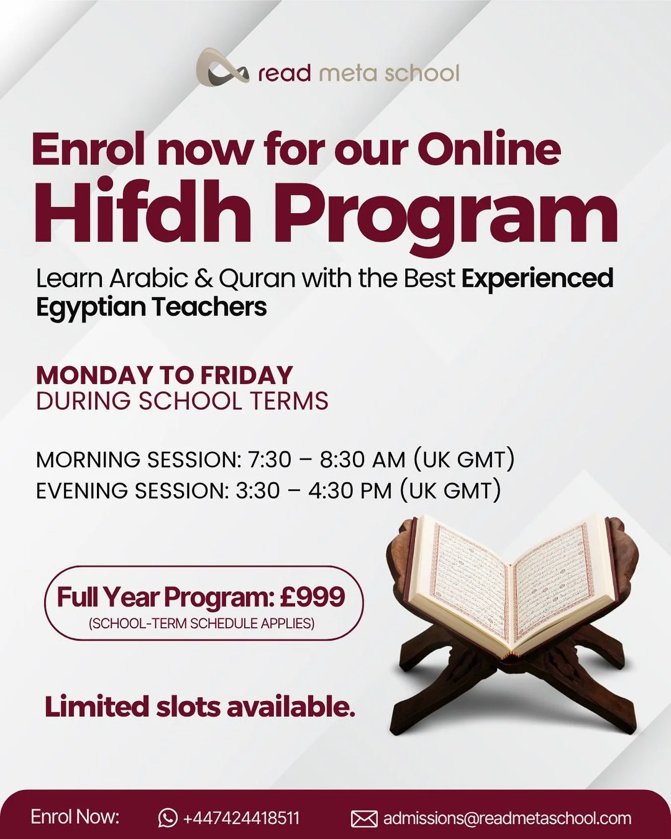 Enrol Now for Our Hifdh Program! ✨
Strengthen your child&rsquo;s connection with the Qur&rsquo;an through our dedicated Hifdh Program, running Monday to Friday during school terms.

🕋 Morning Session: 7:30 AM &ndash; 8:30 AM
🌙 Evening Session: 3:30