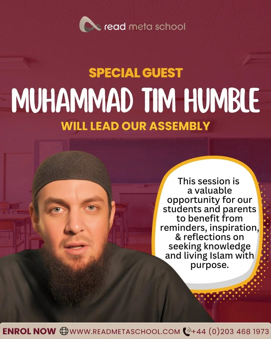 Special Guest at Read Meta School

Alhamdulillah, Read Meta School is honoured to host Muhammad Tim Humble as a special guest during our school assembly.
Muhammad Tim Humble is one of the most well-known and influential English speakers in the Islami