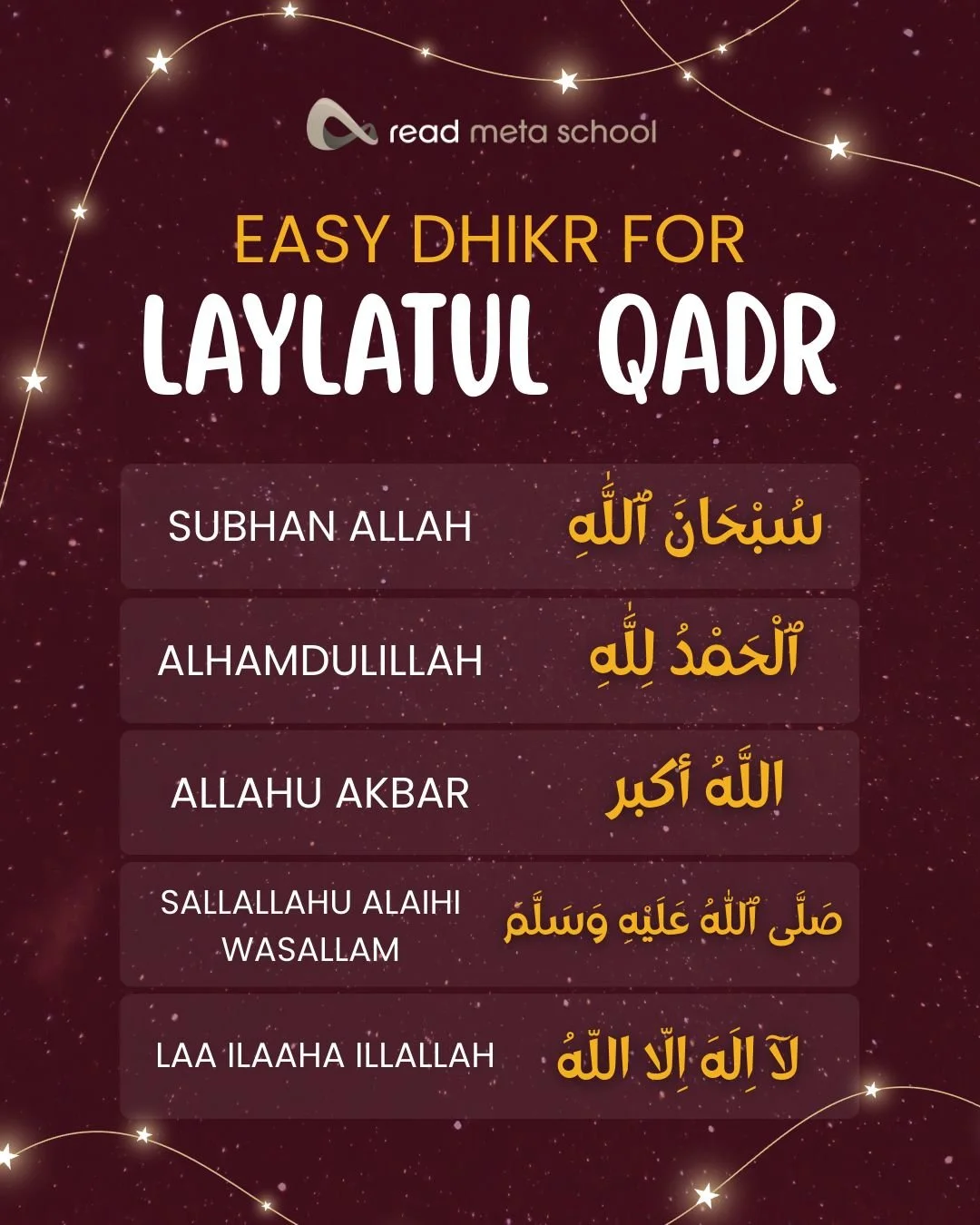 Moisten your lips with these dhikrs on these blessed nights ✨

May Allah forgive us, have mercy upon us and shower us with His blessings. 🤲🏻

#ReadMetaSchool #LaylatulQadr #BlessedNight #Ramadan