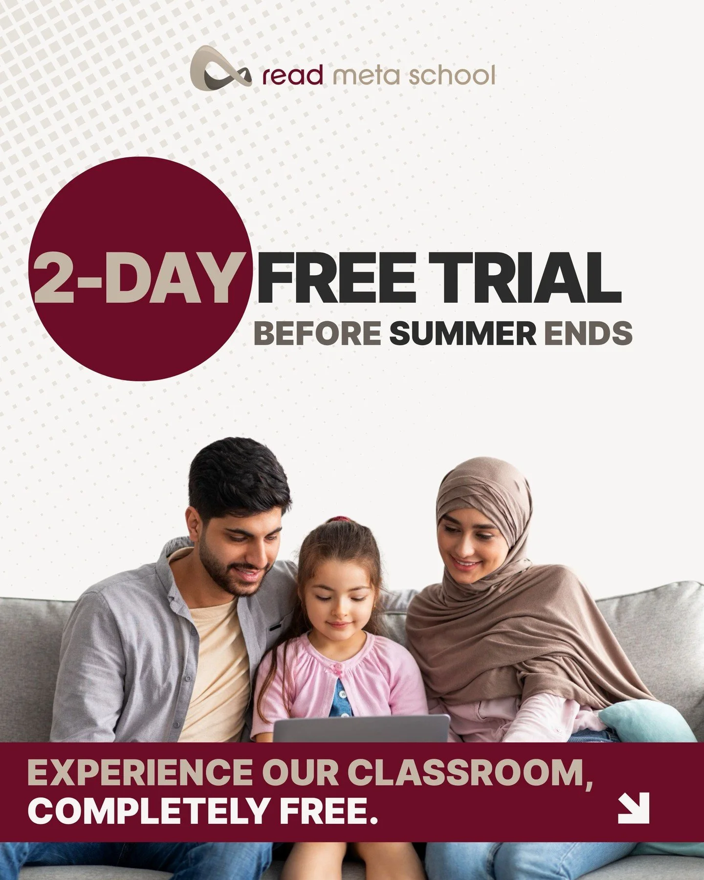 🎓 Try before you commit.

Are you curious about how Read Meta School transforms the online learning experience? We believe the best way to understand our model is to experience it for yourself.

We are currently offering a Free 2-Day Trial for famil