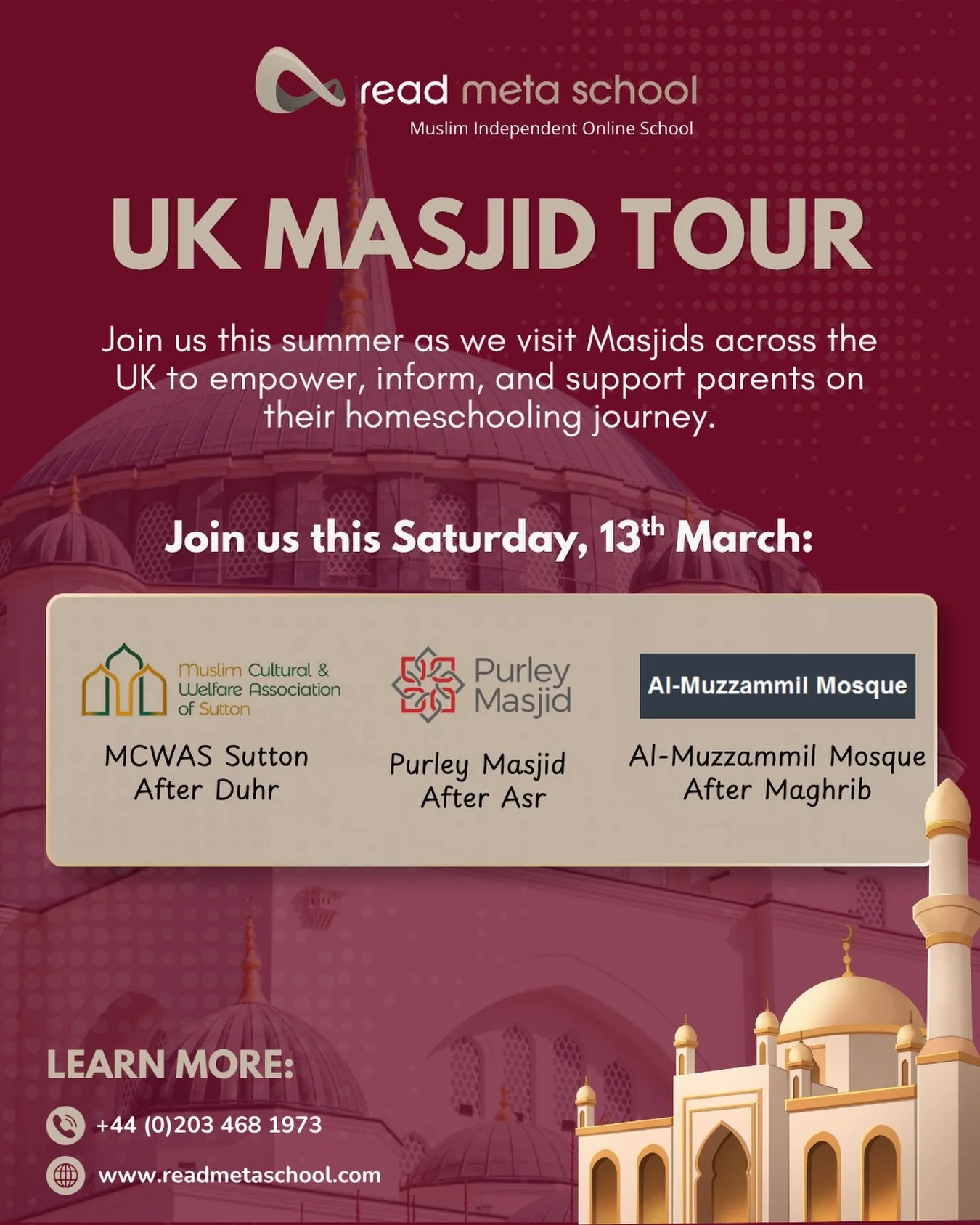 🇬🇧 Read Meta School is Coming to Your Local Masjid!

Assalamu Alaikum! Are you considering homeschooling or looking for better ways to support your child&rsquo;s learning journey?

We are hitting the road this summer to connect with our community! 