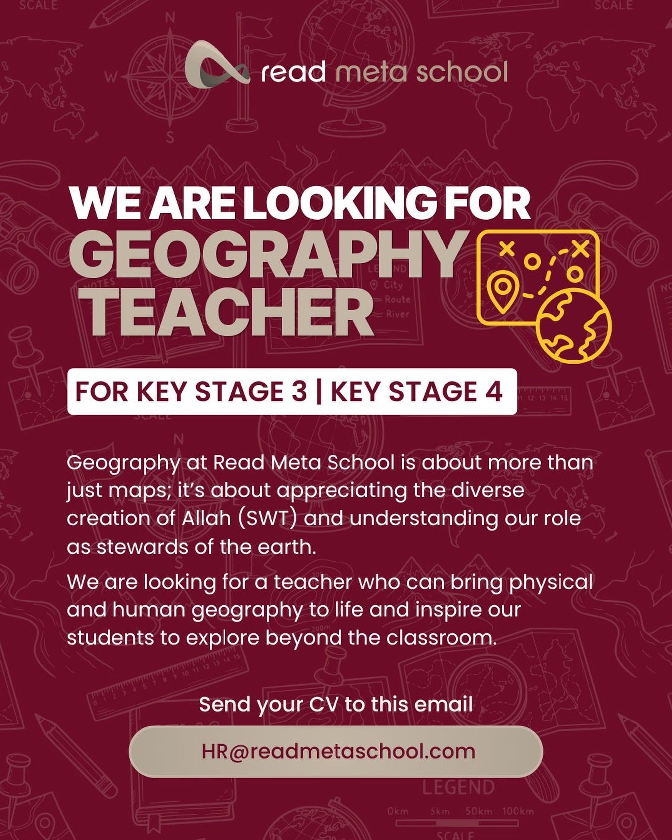 Passionate about geography and inspiring the next generation of global stewards? 🌍

Read Meta School is looking for a dynamic Geography Teacher to bring physical and human geography to life. Help our students explore beyond the classroom!

Send your