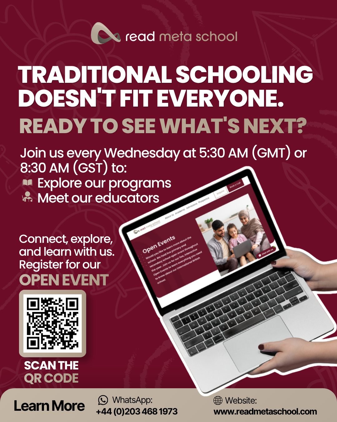 Discover a brighter future for your child at Read Meta School! 

Join our OPEN HOUSE every Wednesday at Wednesday at 5:30 AM (GMT) or 8:30 AM (GST) to explore our innovative online programs, meet our educators, and see how we inspire a lifelong love 