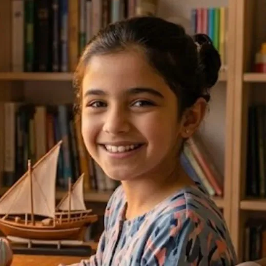 Close-up of a young girl with dark hair tied back, smiling, sitting in front of a bookshelf, with a model sailing ship on the table in front of her.