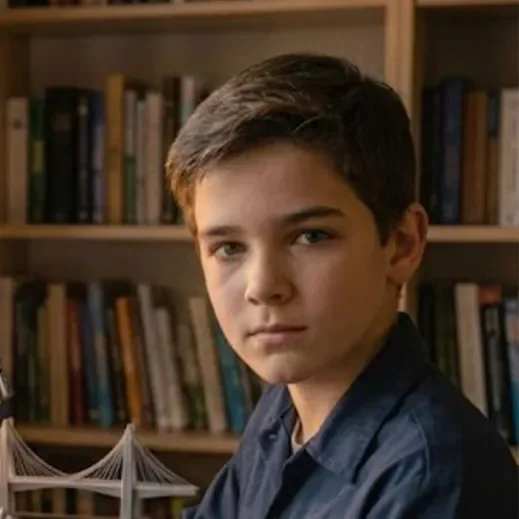 A young boy with short brown hair looking at the camera, in a room with bookshelves filled with books in the background.