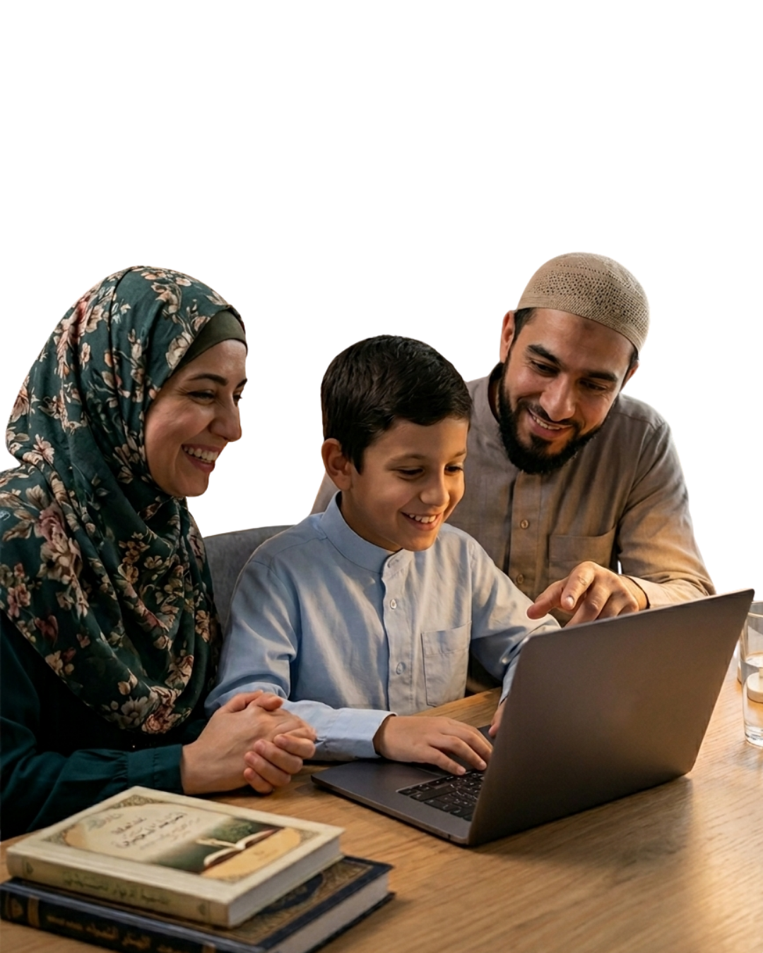 Family of three looking at a laptop together, sitting at a wooden table with books and glasses of water.